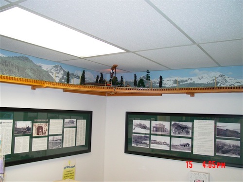 Corner display and mountain scenery on walls