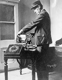 Telegraph operator printing telegram, 1908, courtesy Library of Congress